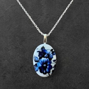 Blue Floral Chinoiserie Style Pendant Necklace